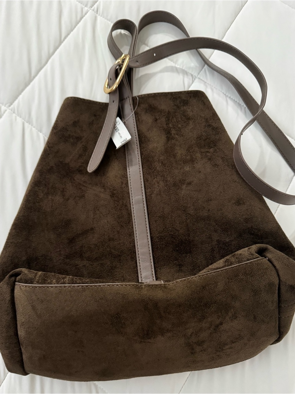 Old Navy Dark Brown Suede Bucket Shoulder Bag with Gold Buckle